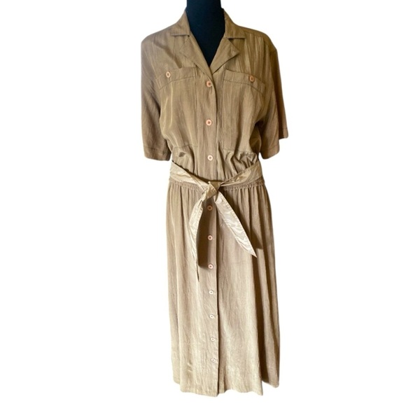 Vintage Regina Porter Shirt Dress Elegant Brown Button-Down Midi Tri-Acetate (M) - Picture 12 of 13
